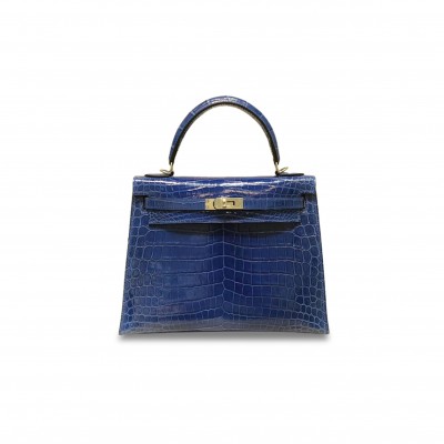 HERMÈS MASTER KELLY 25 NILE CROCODILE GLASS BLUE SILVER BUCKLE (25*17*7cm) 